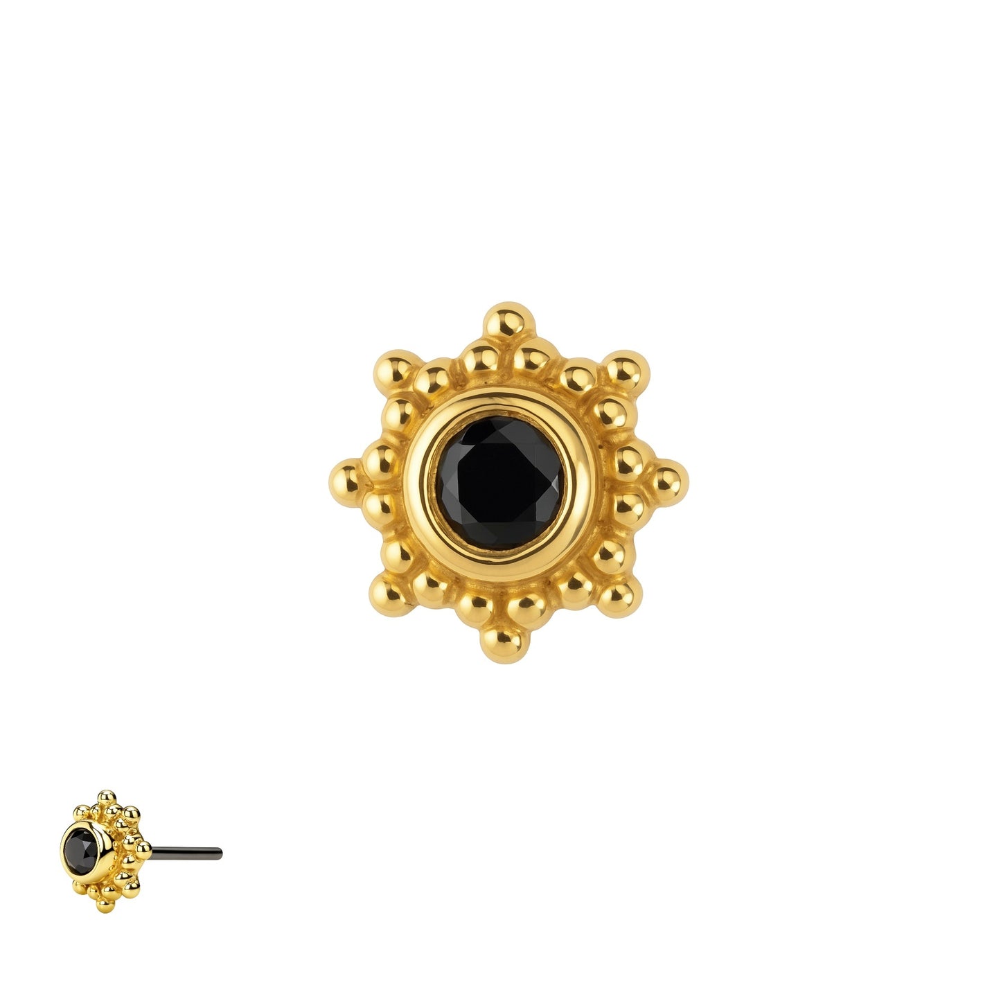 Midnight Sun Piercingschmuck aus massivem 14 Karat Gold mit natürlichem schwarzen Diamanten im Brillantschliff und filigranem ornamentalem Design.