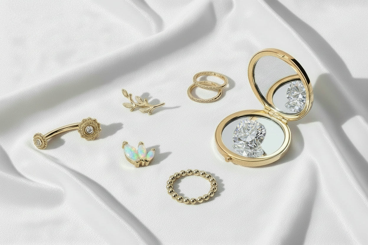 14 und 18 karätiger Piercingschmuck, zur perfektion hochpoliert und bis ins kleinste Detail verarbeitet. Diamanten und Natursteine schmiegen sich perfekt in das feine Golddesign ein.