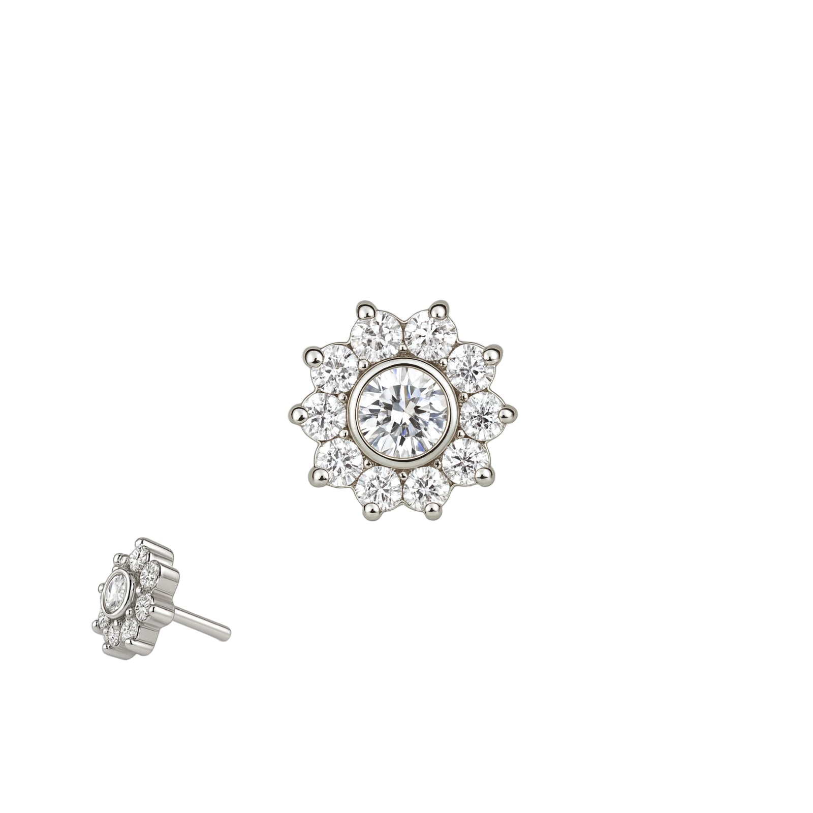 Hochwertige Cubic Zirkonias in fünffacher A-Qualität, aneinandergereiht erzeugen diese eine Sonnenblume in einzigartiger Brillianz