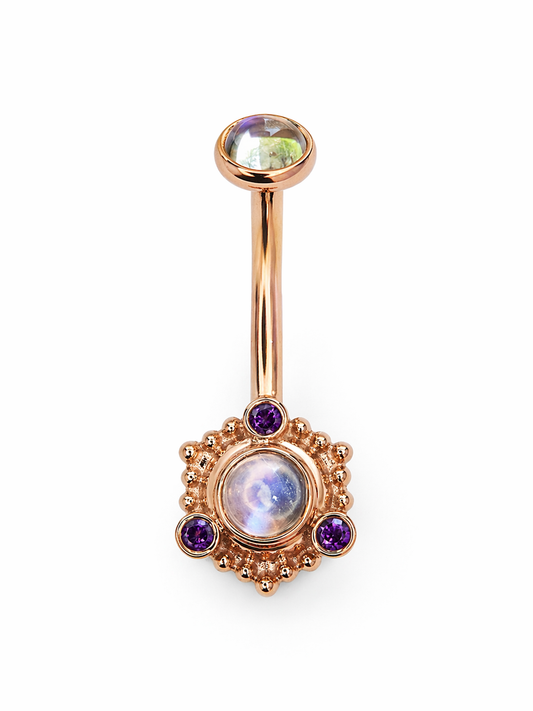 Bauchnabelpiercing 14k Roségold mit schimmerndem Mondstein und echten Amethyststeinen