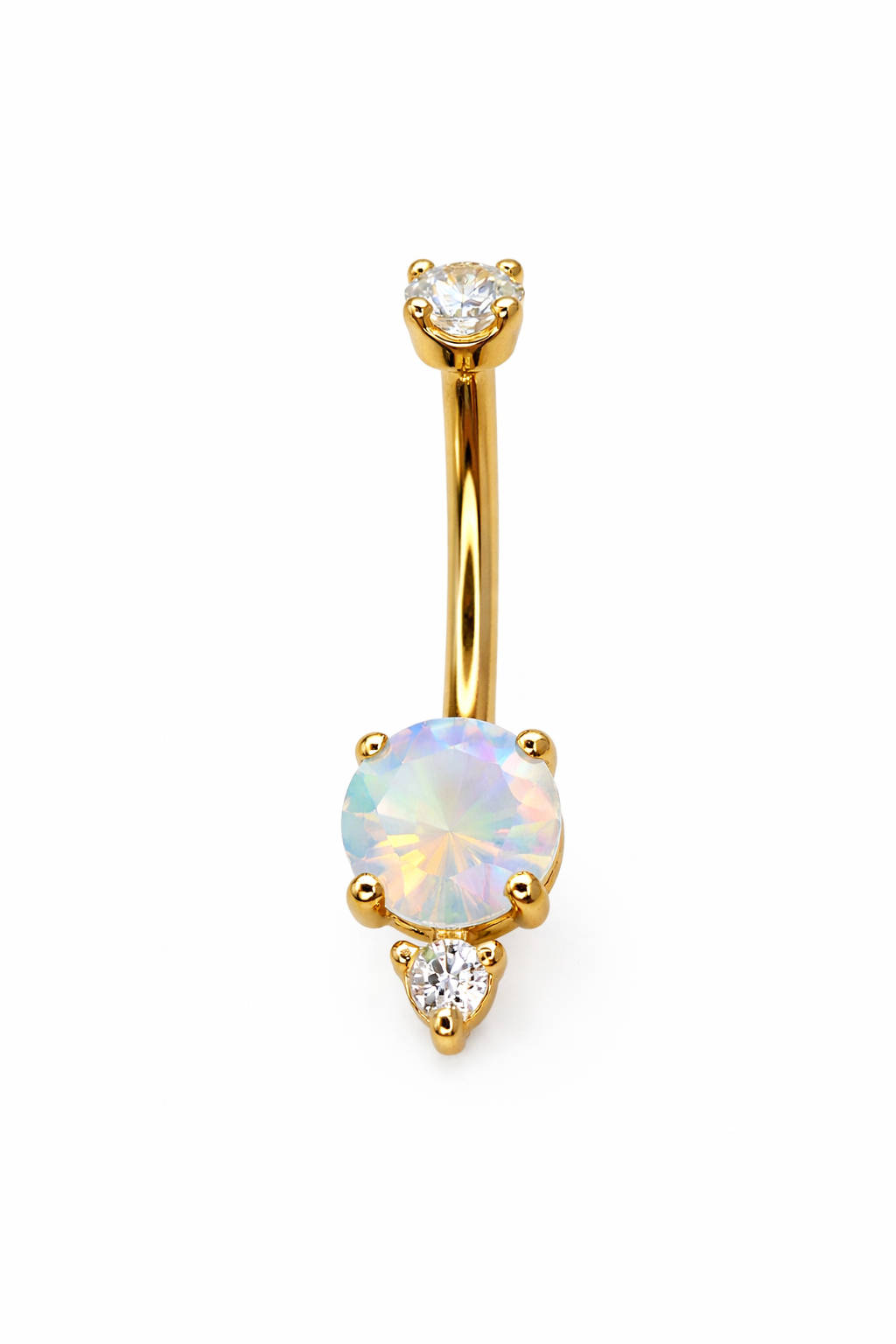 14k Gelbgold Bauchnabelpiercing mit schimmerndem Wasseropal und zwei Kubikzirkonia