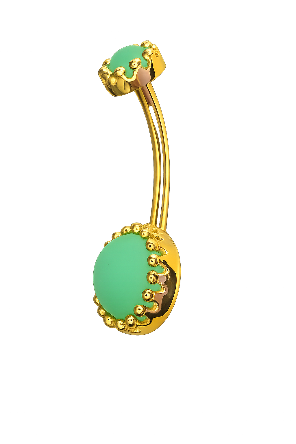 Bauchnabelpiercing aus 14 Karat Gelbgold mit mattem grünem Chrysopras Edelstein in organischer Fassung
