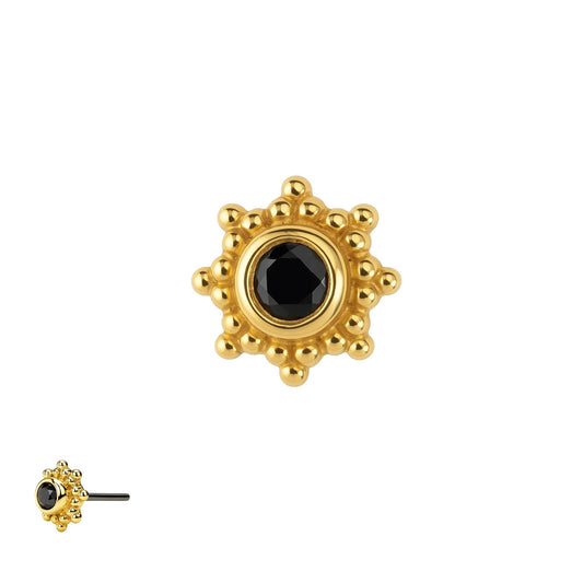 Midnight Sun Piercingschmuck aus massivem 14 Karat Gold mit natürlichem schwarzen Diamanten im Brillantschliff und filigranem ornamentalem Design.