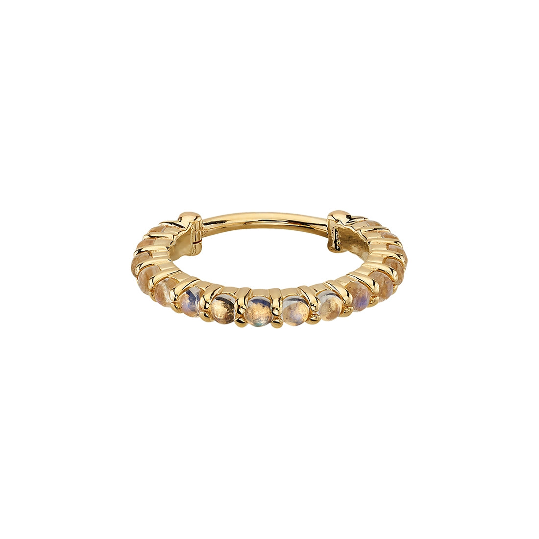 Handpolierter Telesto Clicker aus massivem 14 Karat Gelbgold mit luxuriöser Mirror-Finish-Oberfläche und 14 natürlichen Rainbow Moonstones im Cabochon-Schliff. Eleganter Klickring für Septum, Daith und viele weitere Piercings.