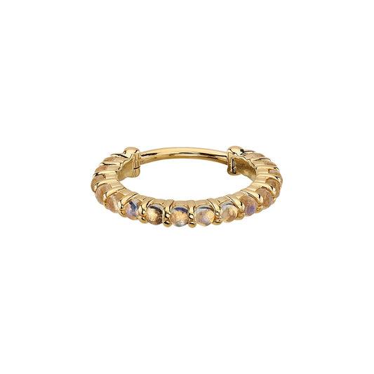 Handpolierter Telesto Clicker aus massivem 14 Karat Gelbgold mit luxuriöser Mirror-Finish-Oberfläche und 14 natürlichen Rainbow Moonstones im Cabochon-Schliff. Eleganter Klickring für Septum, Daith und viele weitere Piercings.